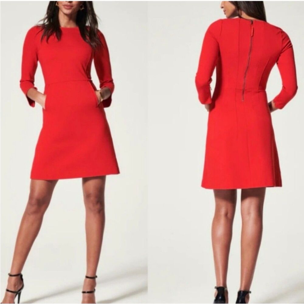 SPANX The Perfect A-Line Dress True Red Size L Workwear Premium Ponte Pockets - Picture 1 of 11